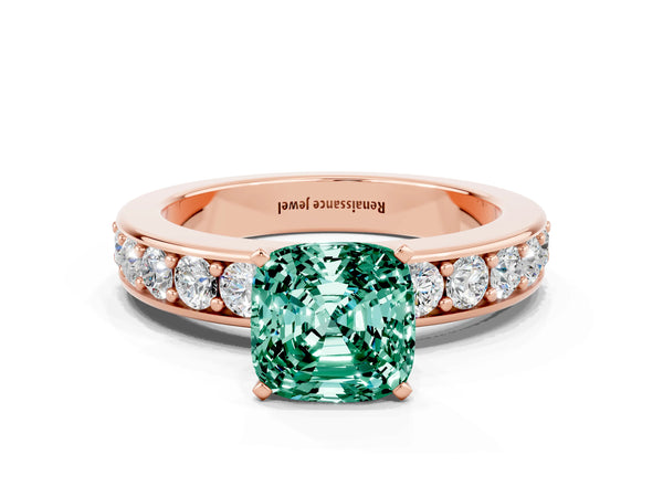 Rose gold Cushion Cut Green Sapphire Engagement Ring with Channel Set Round  Band and Prong Setting