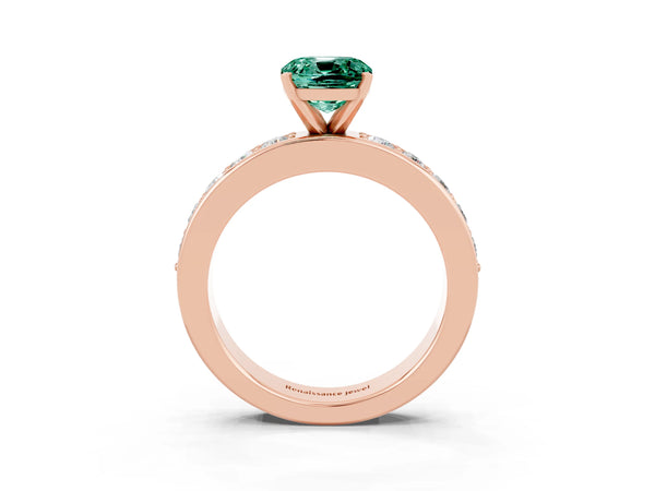Rose gold Cushion Cut Green Sapphire Engagement Ring with Channel Set Round  Band and Prong Setting