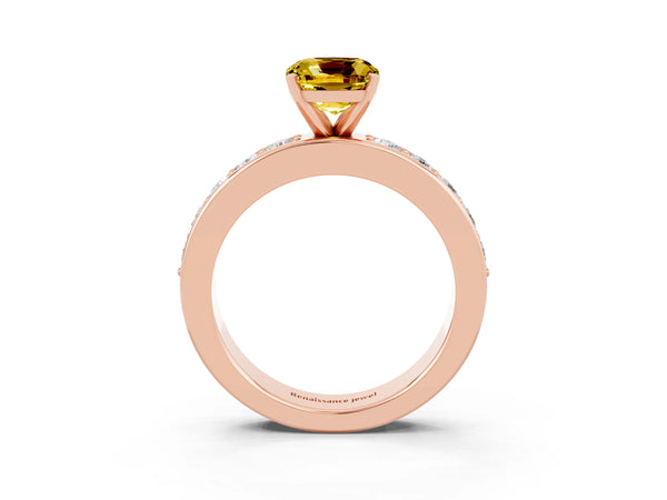 Rose gold Cushion Cut Yellow Sapphire Engagement Ring with Channel Set Round  Band and Prong Setting