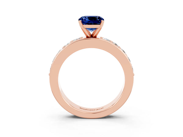 Rose gold Cushion Cut Blue Sapphire Engagement Ring with Channel Set Round  Band and Prong Setting