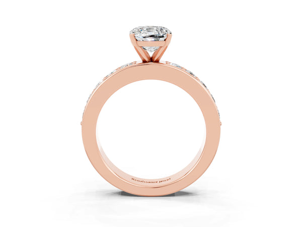 Rose gold Cushion Cut Moissanite Engagement Ring with Channel Set Round  Band and Prong Setting