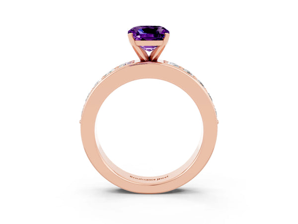 Rose gold Cushion Cut Amethyst Engagement Ring with Channel Set Round  Band and Prong Setting