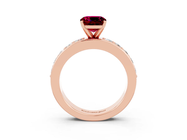 Rose gold Cushion Cut Garnet Engagement Ring with Channel Set Round  Band and Prong Setting