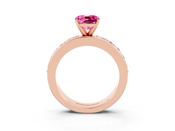 Rose gold Cushion Cut Pink Sapphire Engagement Ring with Channel Set Round  Band and Prong Setting
