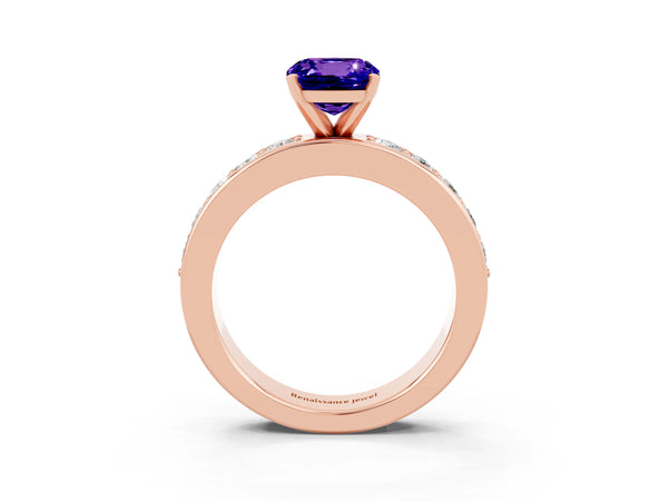 Rose gold Cushion Cut Tanzanite Engagement Ring with Channel Set Round  Band and Prong Setting