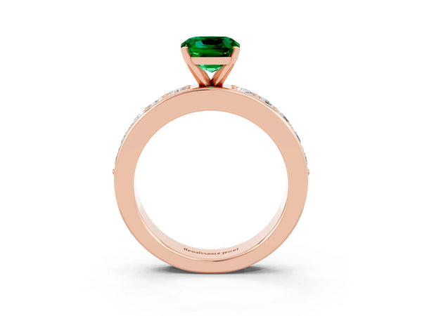 Rose gold Cushion Cut Emerald Engagement Ring with Channel Set Round  Band and Prong Setting