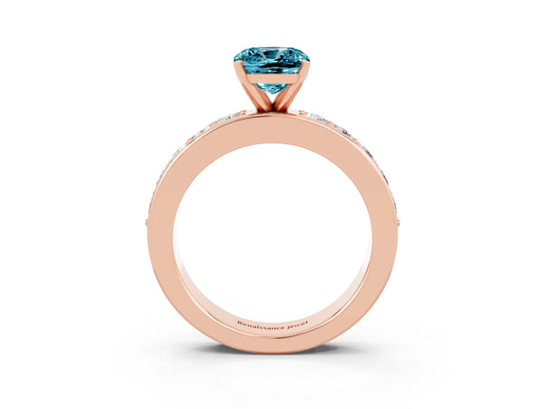 Rose gold Cushion Cut Blue Topaz Engagement Ring with Channel Set Round  Band and Prong Setting
