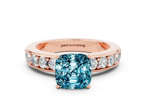 Rose gold Cushion Cut Blue Topaz Engagement Ring with Channel Set Round  Band and Prong Setting