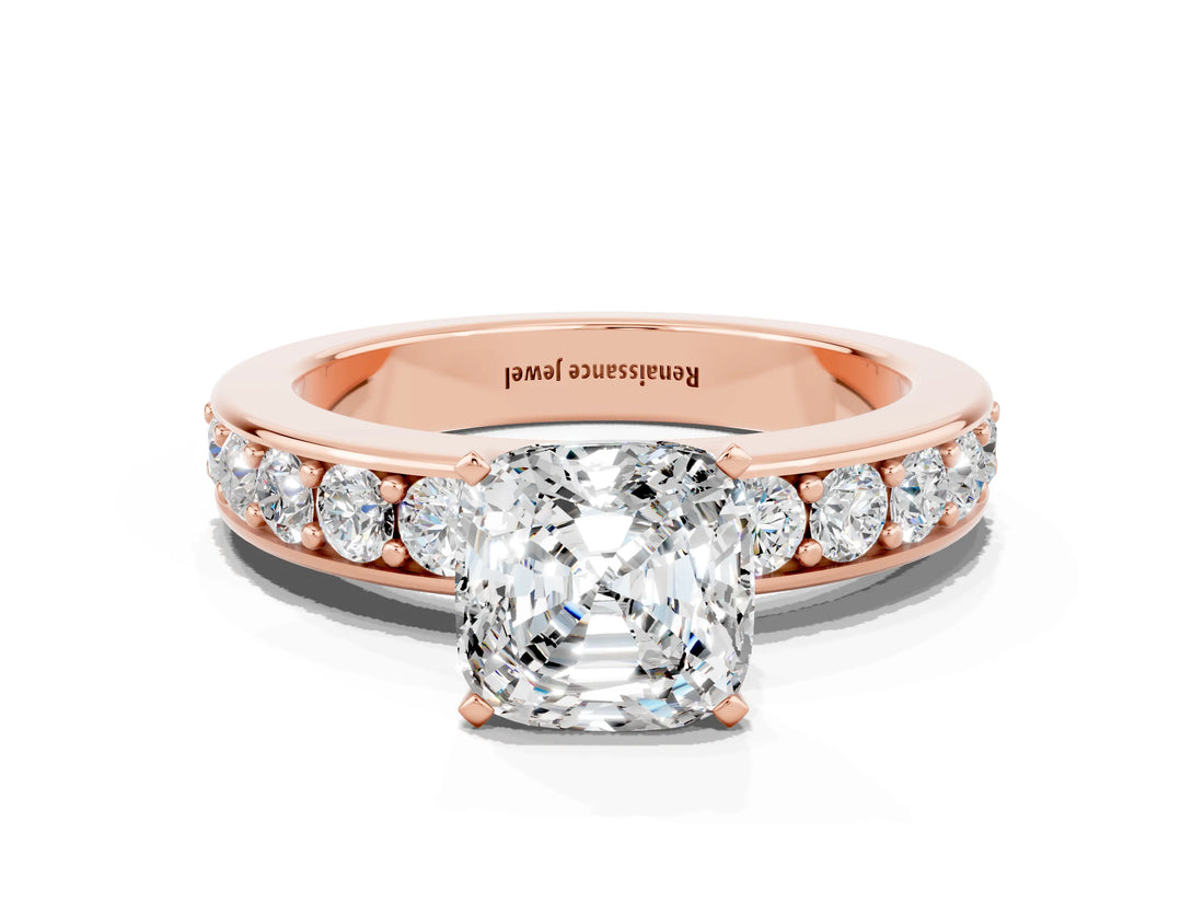 Rose gold Cushion Cut Cut Channel Set Diamond Engagement Ring with Four-Prong Setting