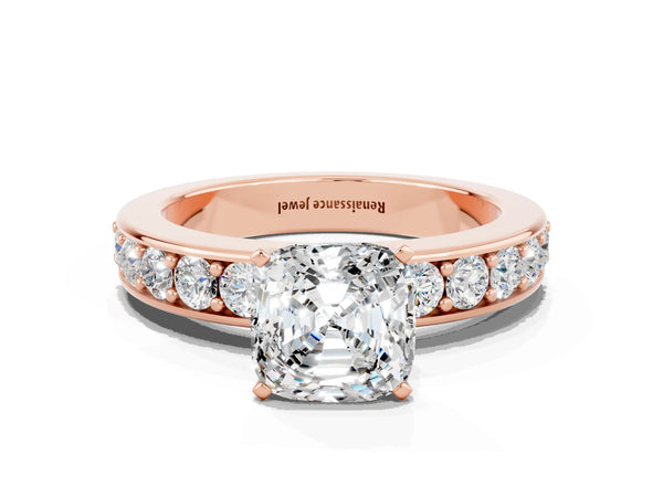 Rose gold Cushion Cut Moissanite Engagement Ring with Channel Set Round  Band and Prong Setting