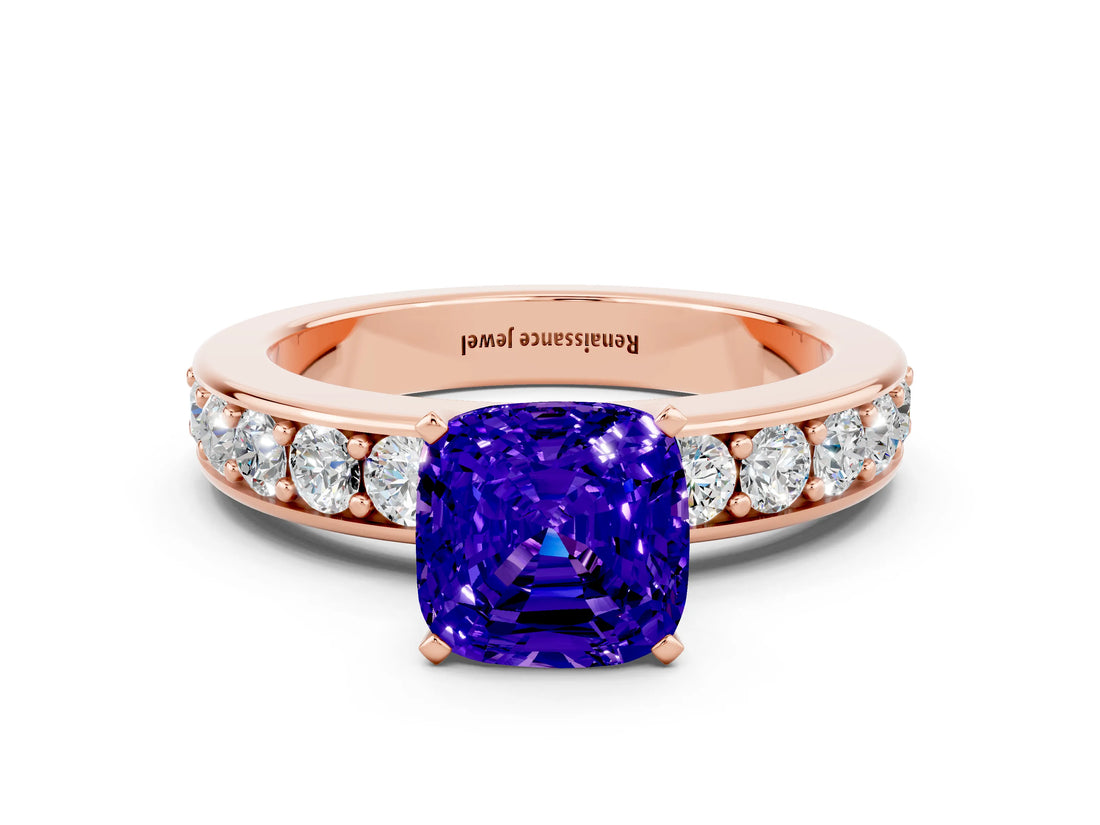 Rose gold Cushion Cut Cut Channel Set Diamond Engagement Ring with Four-Prong Setting