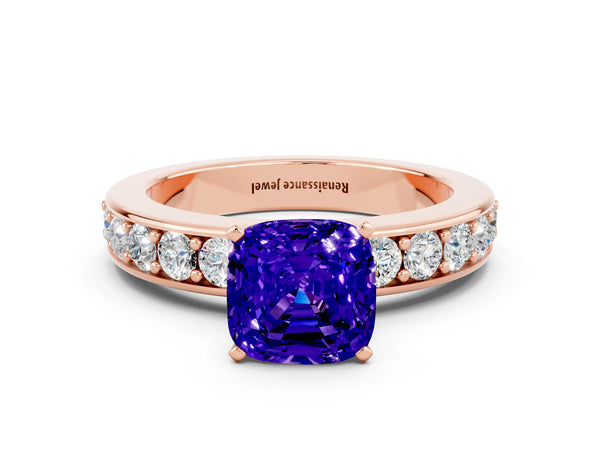 Rose gold Cushion Cut Tanzanite Engagement Ring with Channel Set Round  Band and Prong Setting