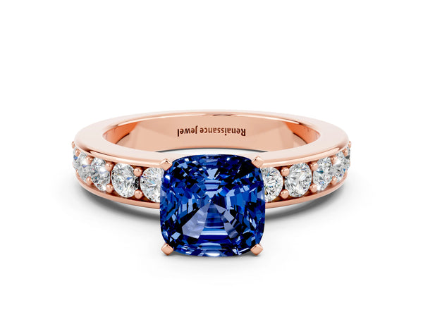 Rose gold Cushion Cut Blue Sapphire Engagement Ring with Channel Set Round  Band and Prong Setting