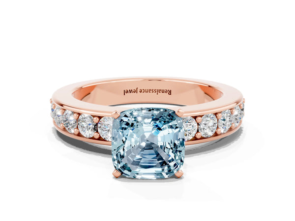 Rose gold Cushion Cut Aquamarine Engagement Ring with Channel Set Round  Band and Prong Setting
