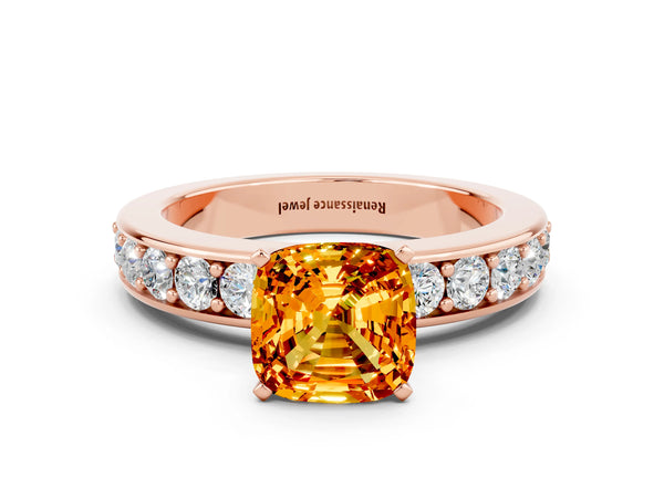 Rose gold Cushion Cut Citrine Engagement Ring with Channel Set Round  Band and Prong Setting