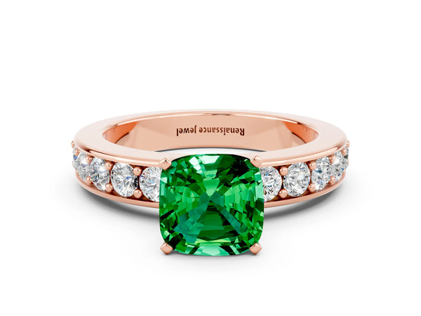 Rose gold Cushion Cut Emerald Engagement Ring with Channel Set Round  Band and Prong Setting