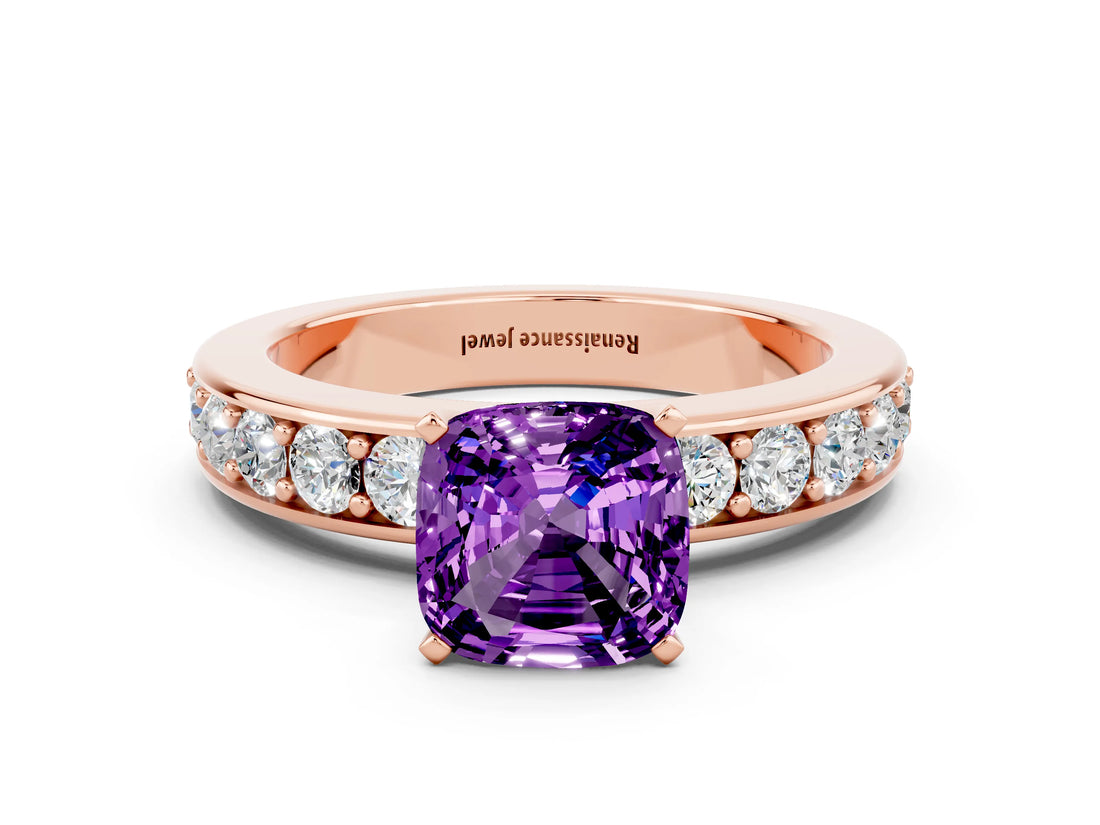 Rose gold Cushion Cut Cut Channel Set Diamond Engagement Ring with Four-Prong Setting