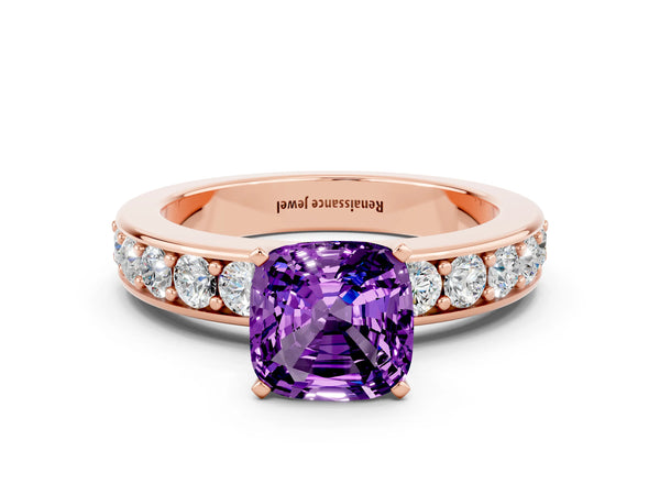 Rose gold Cushion Cut Amethyst Engagement Ring with Channel Set Round  Band and Prong Setting