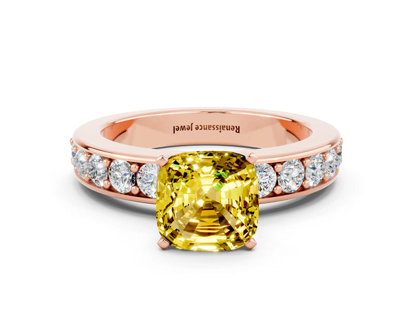 Rose gold Cushion Cut Yellow Sapphire Engagement Ring with Channel Set Round  Band and Prong Setting
