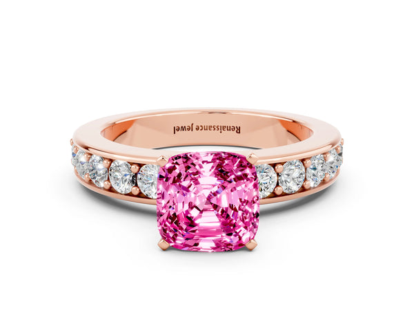Rose gold Cushion Cut Pink Sapphire Engagement Ring with Channel Set Round  Band and Prong Setting