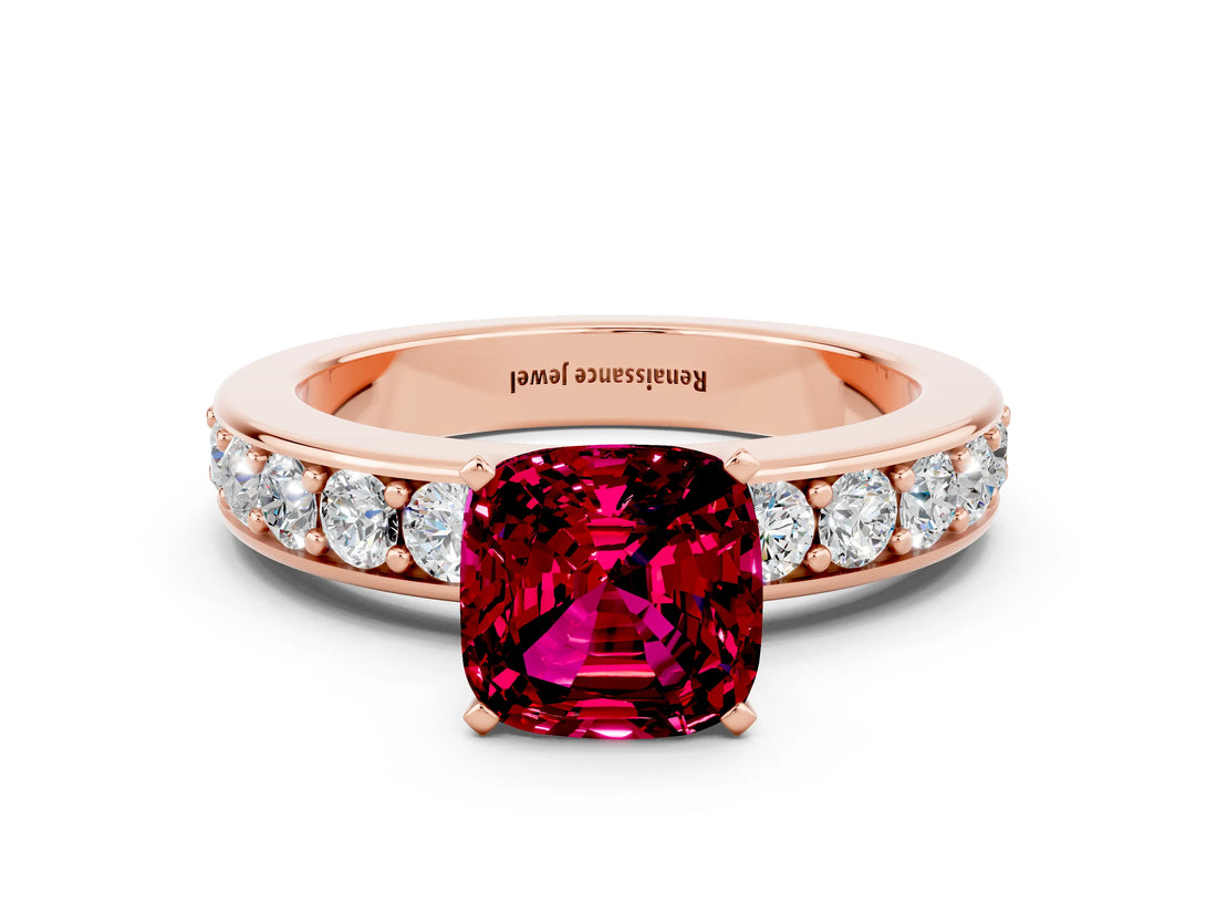 Rose gold Cushion Cut Cut Channel Set Diamond Engagement Ring with Four-Prong Setting