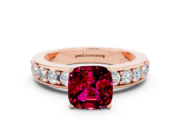 Rose gold Cushion Cut Garnet Engagement Ring with Channel Set Round  Band and Prong Setting