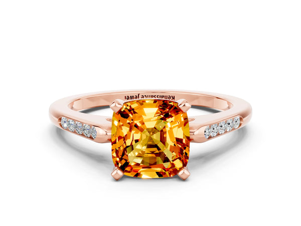 Rose gold Cushion Cut Citrine Solitaire Ring with Channel Set Round  Band and Prong Setting