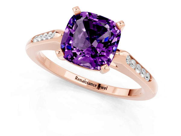 Rose gold Cushion Cut Amethyst Solitaire Ring with Channel Set Round  Band and Prong Setting