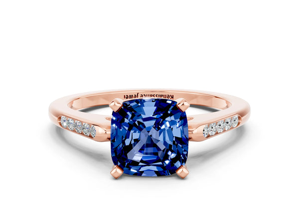 Rose gold Cushion Cut Blue Sapphire Solitaire Ring with Channel Set Round  Band and Prong Setting
