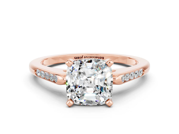 Rose gold Cushion Cut Moissanite Solitaire Ring with Channel Set Round  Band and Prong Setting