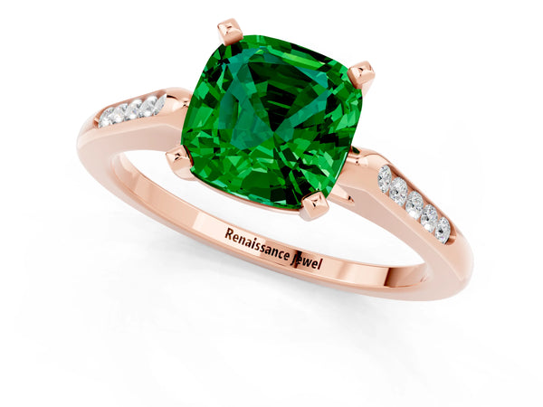 Rose gold Cushion Cut Emerald Solitaire Ring with Channel Set Round  Band and Prong Setting
