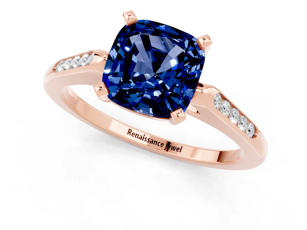 Rose gold Cushion Cut Blue Sapphire Solitaire Ring with Channel Set Round  Band and Prong Setting