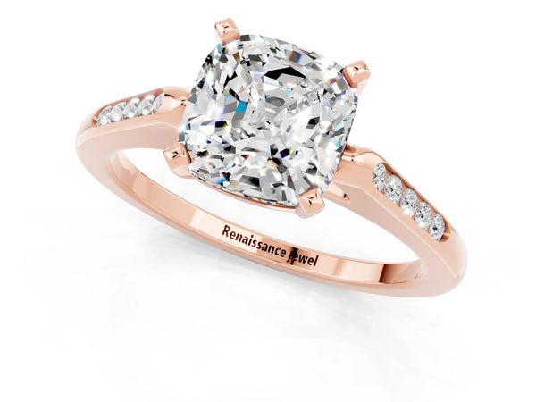 Rose gold Cushion Cut Moissanite Solitaire Ring with Channel Set Round  Band and Prong Setting