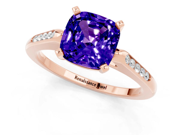 Rose gold Cushion Cut Tanzanite Solitaire Ring with Channel Set Round  Band and Prong Setting