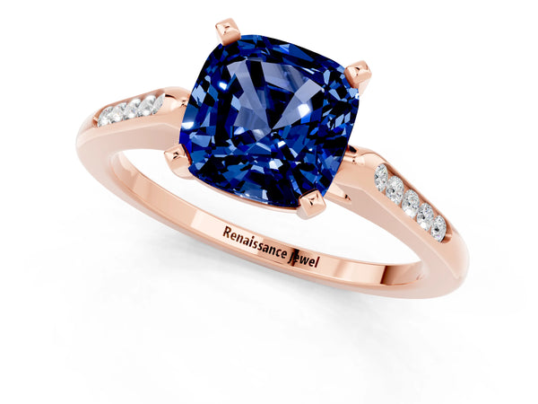 Rose gold Cushion Cut Blue Sapphire Solitaire Ring with Channel Set Round  Band and Prong Setting