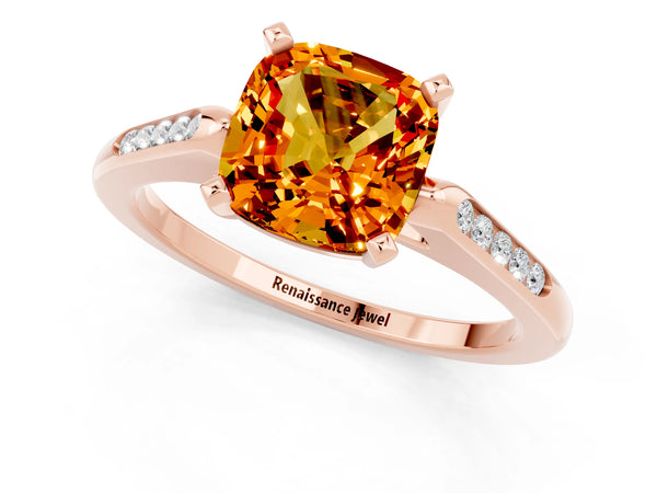 Rose gold Cushion Cut Citrine Solitaire Ring with Channel Set Round  Band and Prong Setting