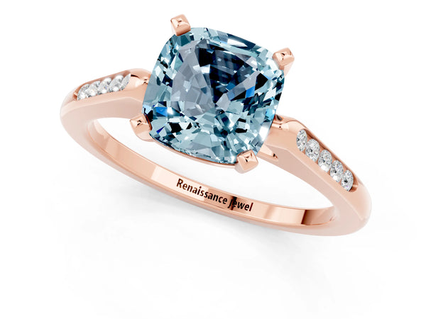 Rose gold Cushion Cut Aquamarine Solitaire Ring with Channel Set Round  Band and Prong Setting