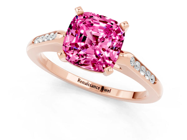 Rose gold Cushion Cut Pink Sapphire Solitaire Ring with Channel Set Round  Band and Prong Setting