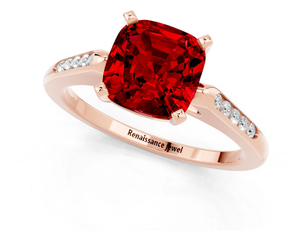 Rose gold Cushion Cut Ruby Solitaire Ring with Channel Set Round  Band and Prong Setting