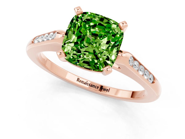 Rose gold Cushion Cut Peridot Solitaire Ring with Channel Set Round  Band and Prong Setting
