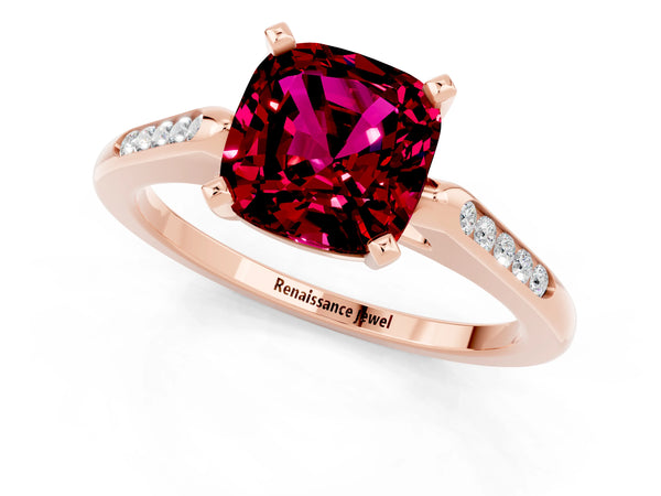 Rose gold Cushion Cut Garnet Solitaire Ring with Channel Set Round  Band and Prong Setting