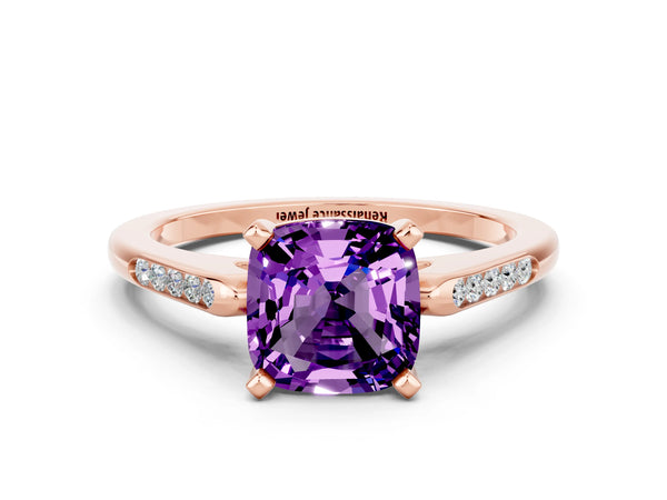 Rose gold Cushion Cut Amethyst Solitaire Ring with Channel Set Round  Band and Prong Setting