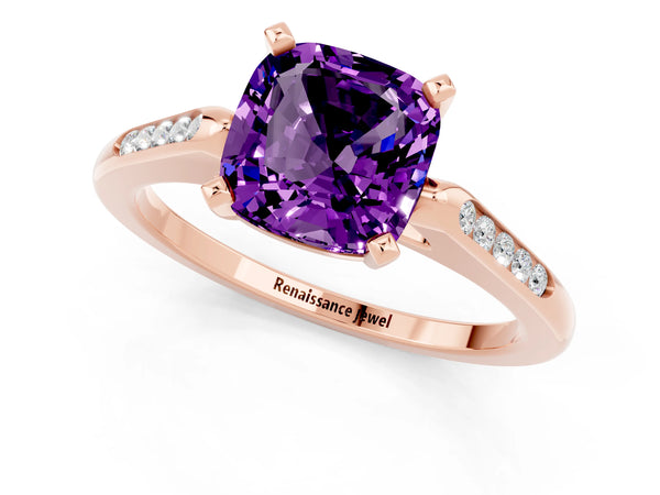 Rose gold Cushion Cut Amethyst Solitaire Ring with Channel Set Round  Band and Prong Setting