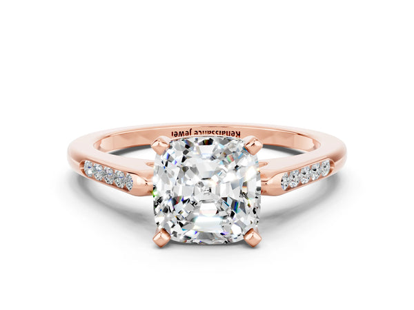 Rose gold Cushion Cut Moissanite Solitaire Ring with Channel Set Round  Band and Prong Setting