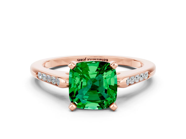 Rose gold Cushion Cut Emerald Solitaire Ring with Channel Set Round  Band and Prong Setting
