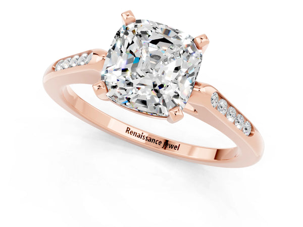 Rose gold Cushion Cut Moissanite Solitaire Ring with Channel Set Round  Band and Prong Setting