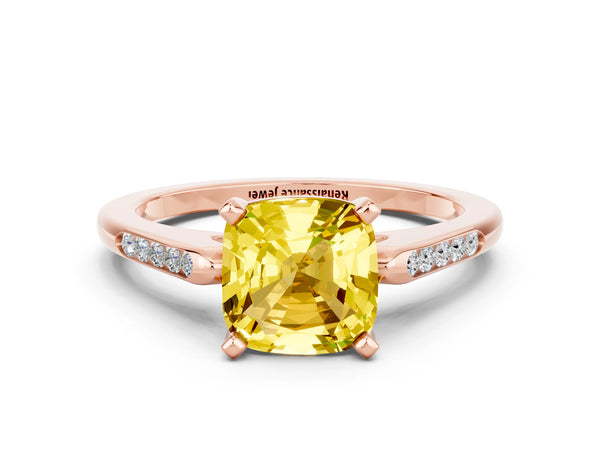 Rose gold Cushion Cut Yellow Sapphire Solitaire Ring with Channel Set Round  Band and Prong Setting