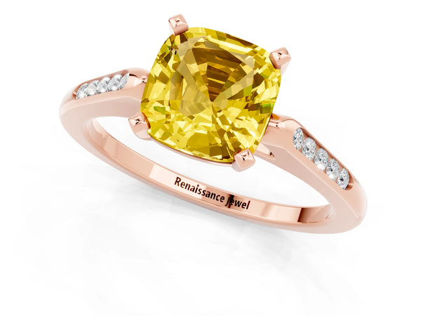 Rose gold Cushion Cut Yellow Sapphire Solitaire Ring with Channel Set Round  Band and Prong Setting