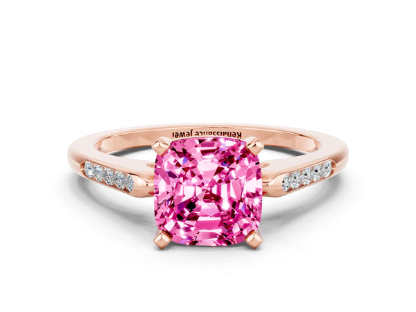 Rose gold Cushion Cut Pink Sapphire Solitaire Ring with Channel Set Round  Band and Prong Setting