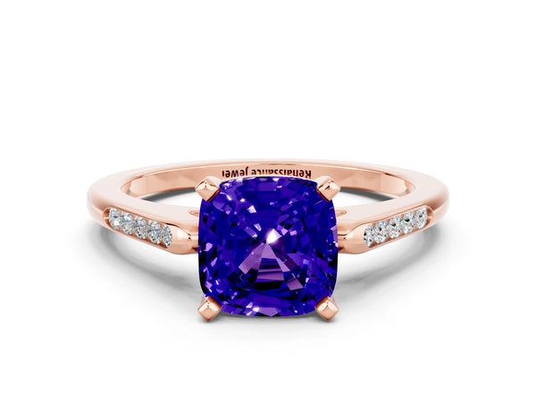 Rose gold Cushion Cut Tanzanite Solitaire Ring with Channel Set Round  Band and Prong Setting